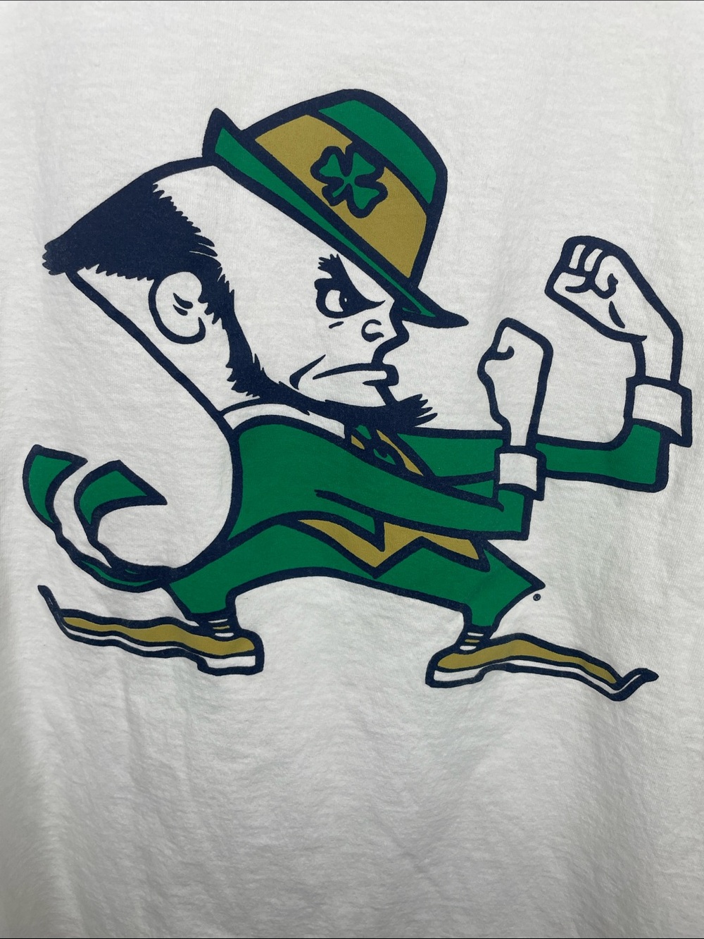Champion White Long Sleeve Tee with Green & Navy Notre Dame Leprechaun